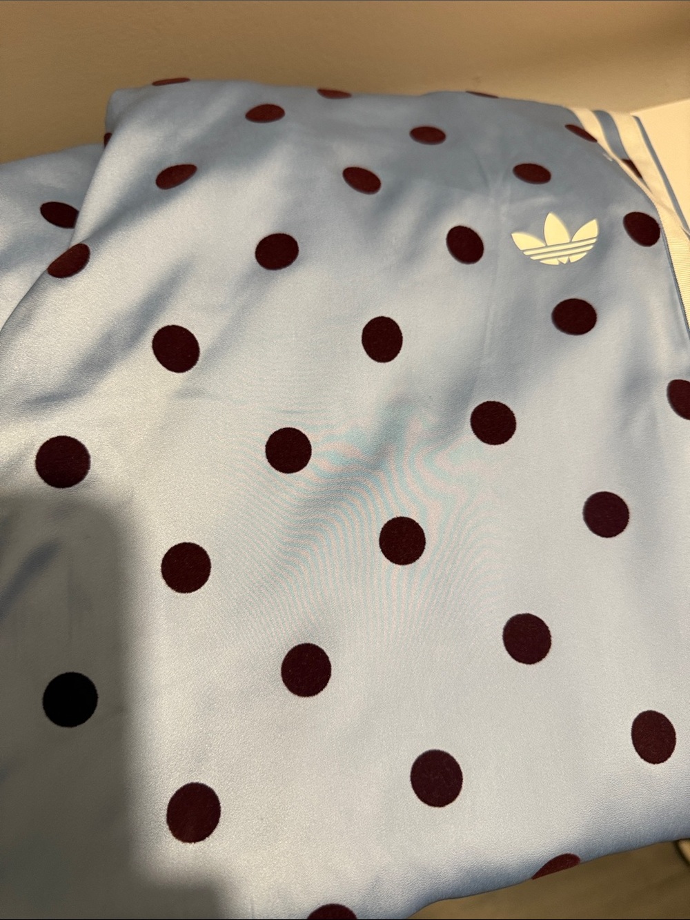 adidas Light Blue Polka Dot Trefoil Shirt with Maroon Dots